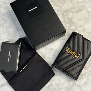 Saint Laurent Black Quilted Leather Card & Key Holder with Gold YSL Logo